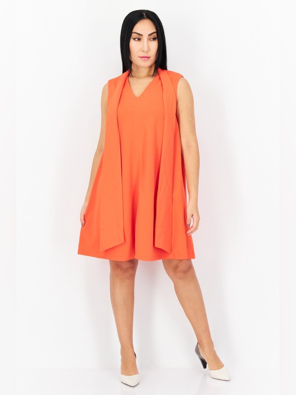 Sleeveless Bright Orange V-Neck Shift Dress with Draped Scarf Overlay Detail